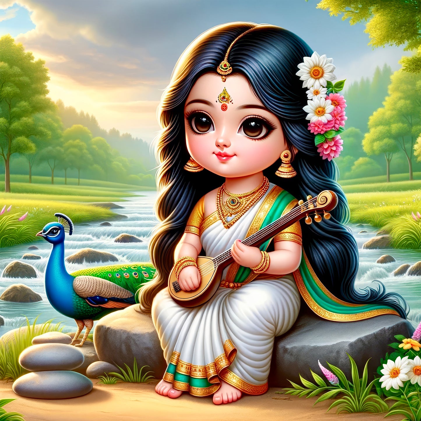 90mm x 90mm Glossy Photo Print of Cute Goddess Saraswati Maa 110007