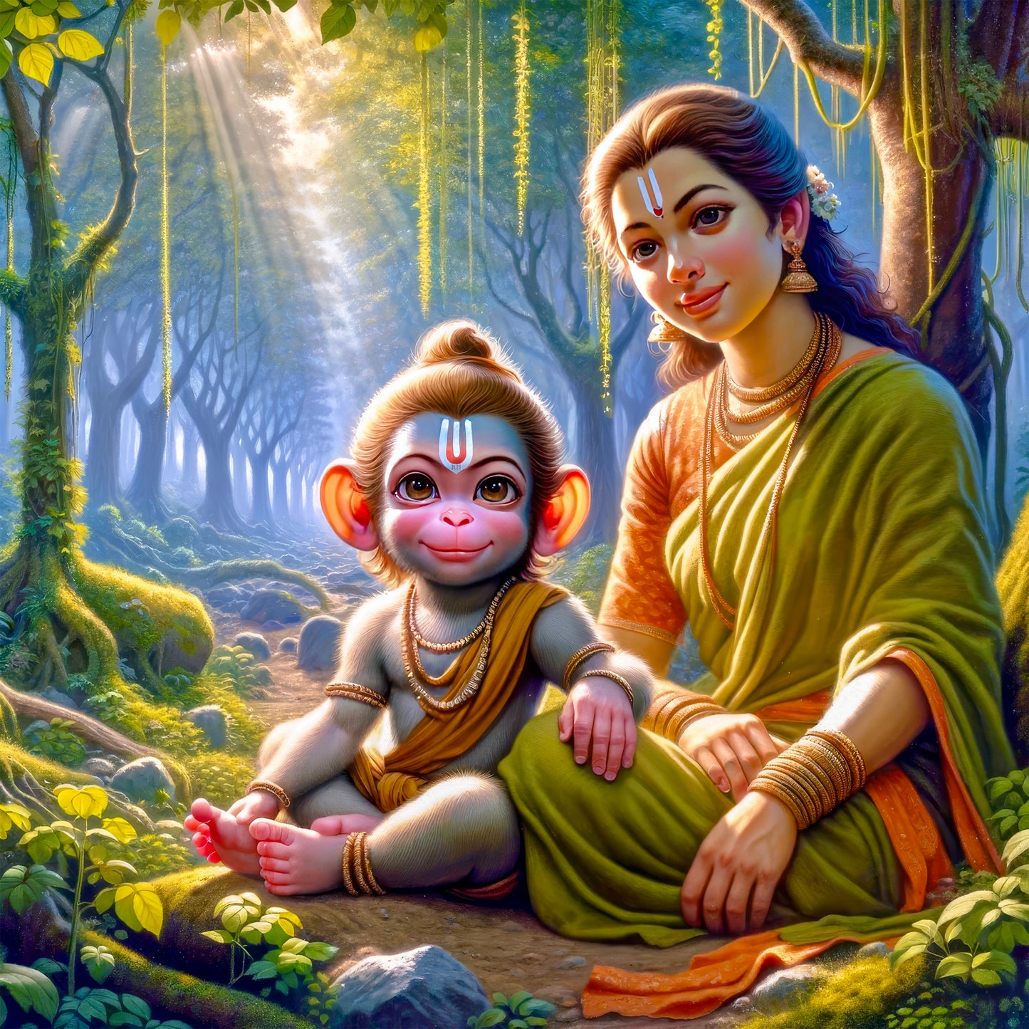 63mm Square Fridge Magnet of Lord Hanuman with mother Anjani 110017