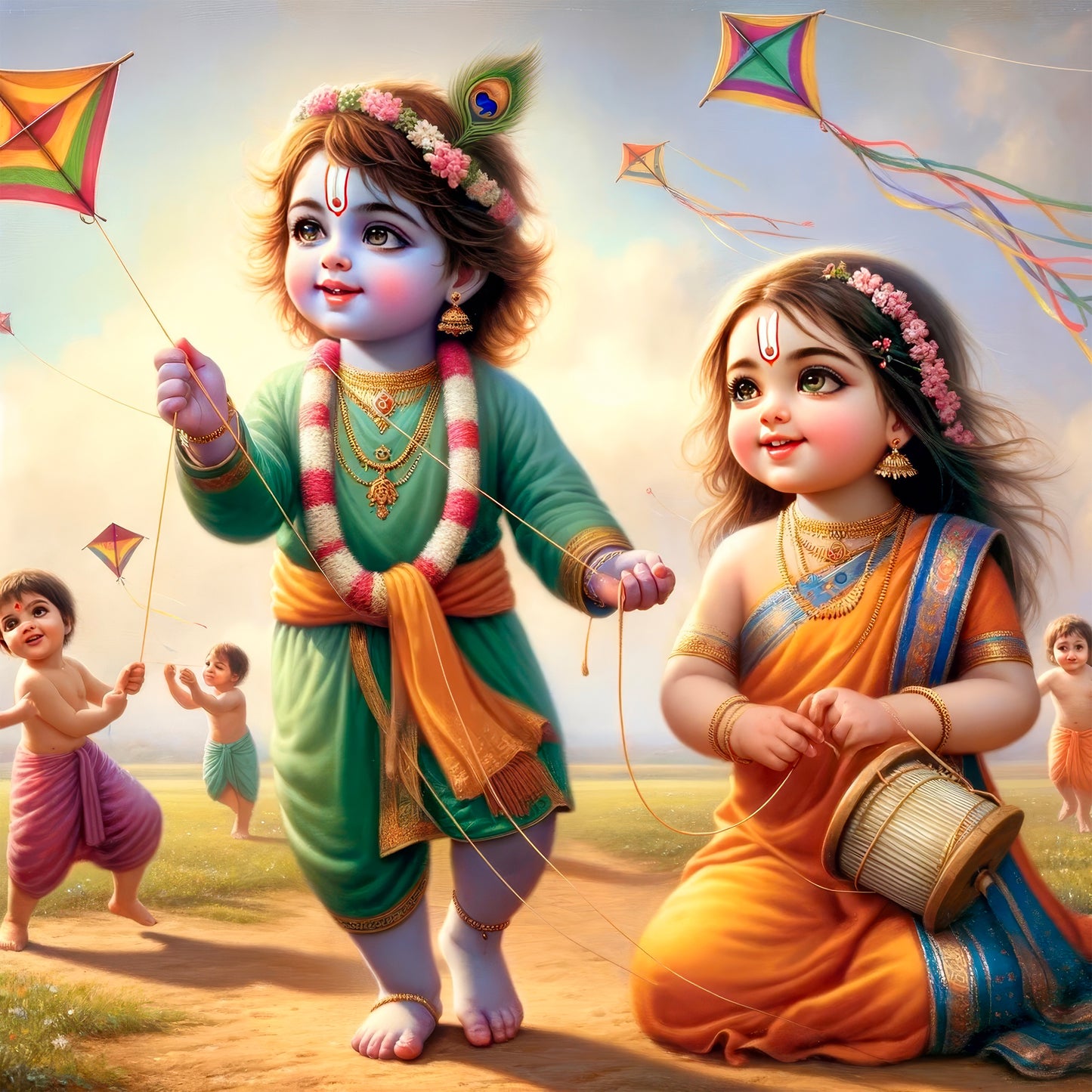 63mm Square Fridge Magnet of Cute Lord Radha Krishna flying Kite 110022