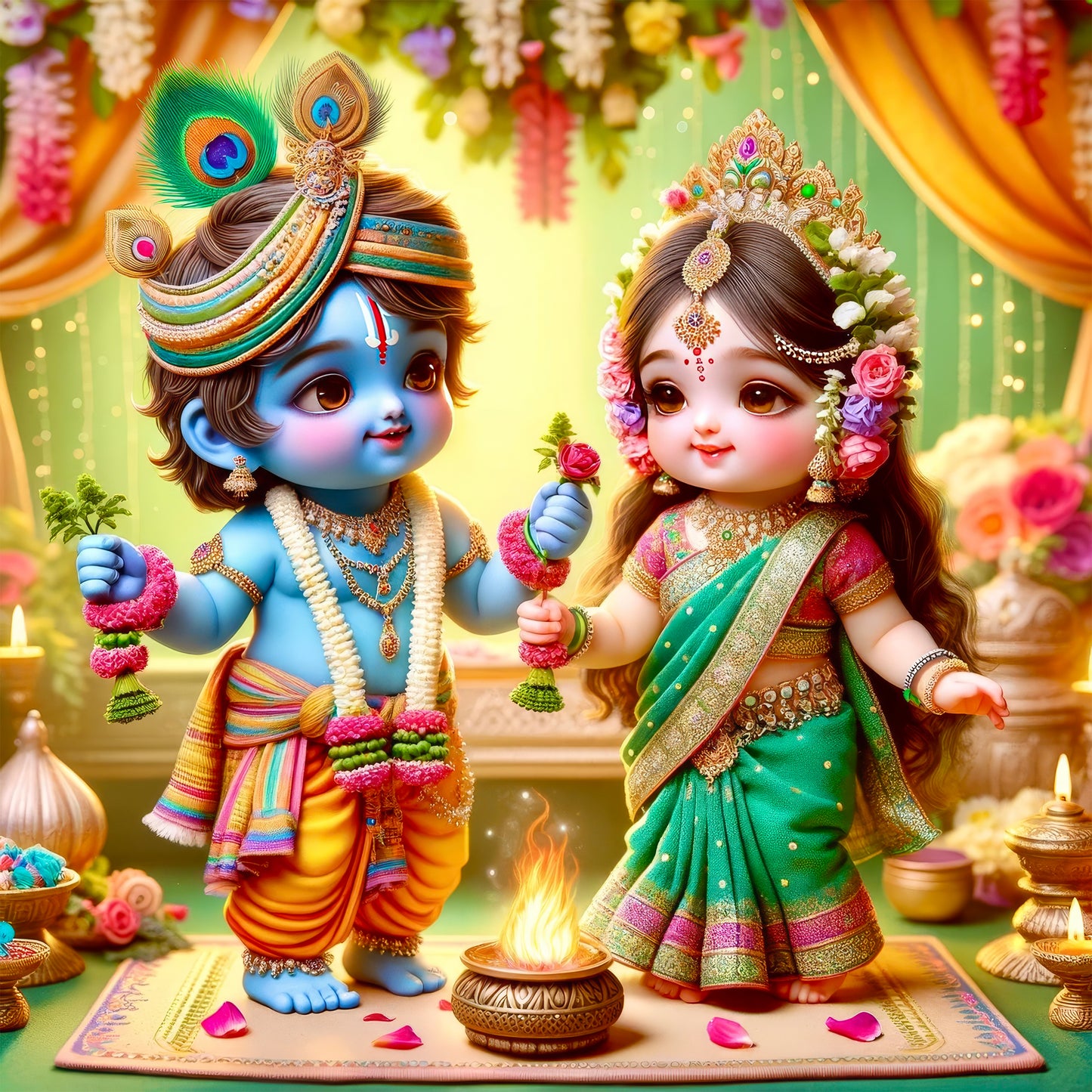63mm Square Fridge Magnet of Lord Krishna and Tulsi 110025