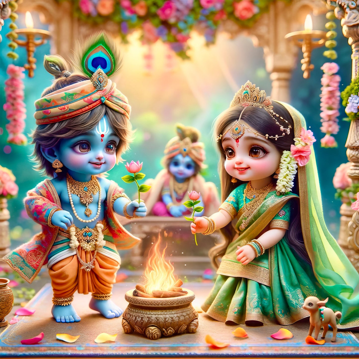 90mm x 90mm Glossy Photo Print of Lord Krishna and Tulsi Vivah 110027