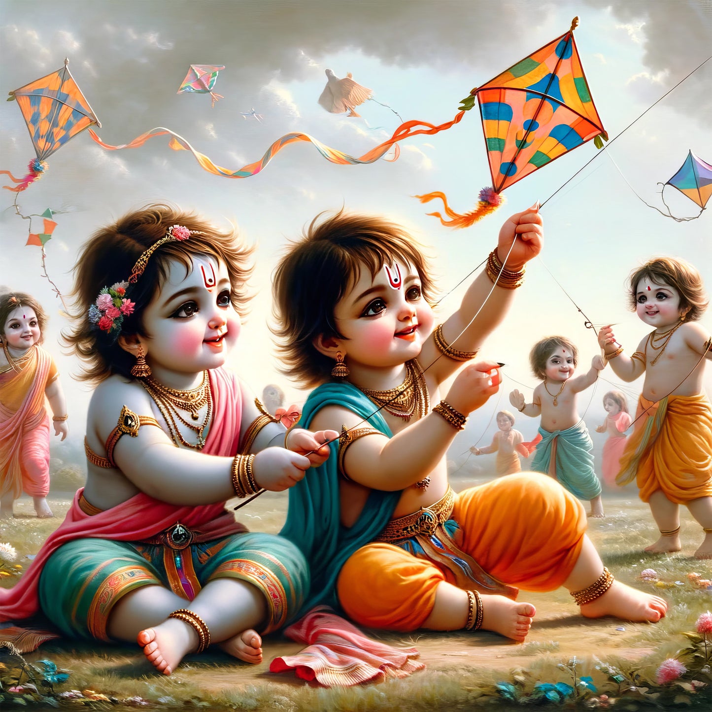 90mm x 90mm Glossy Photo Print of Lord Krishna and Balram flying Kite 110031