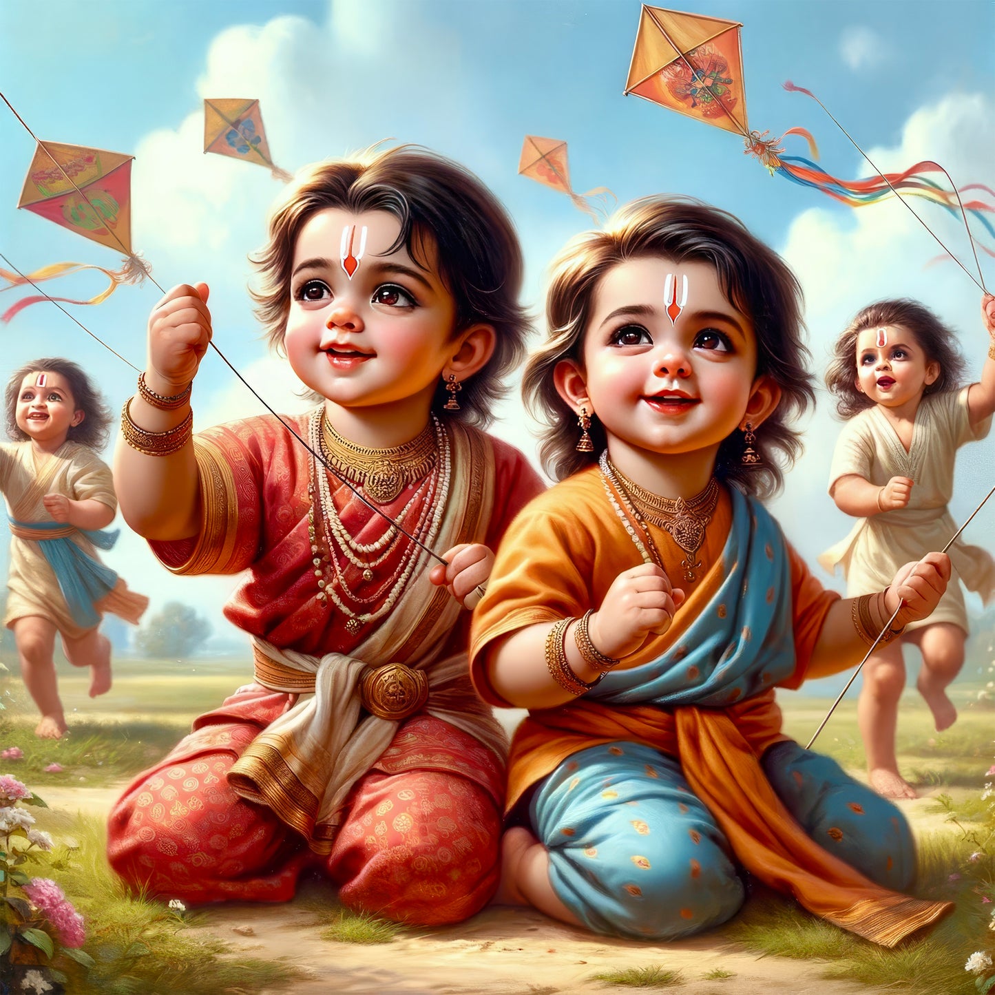 90mm x 90mm Glossy Photo Print of Cute Lord Ram and Laxman flying Kite 110038