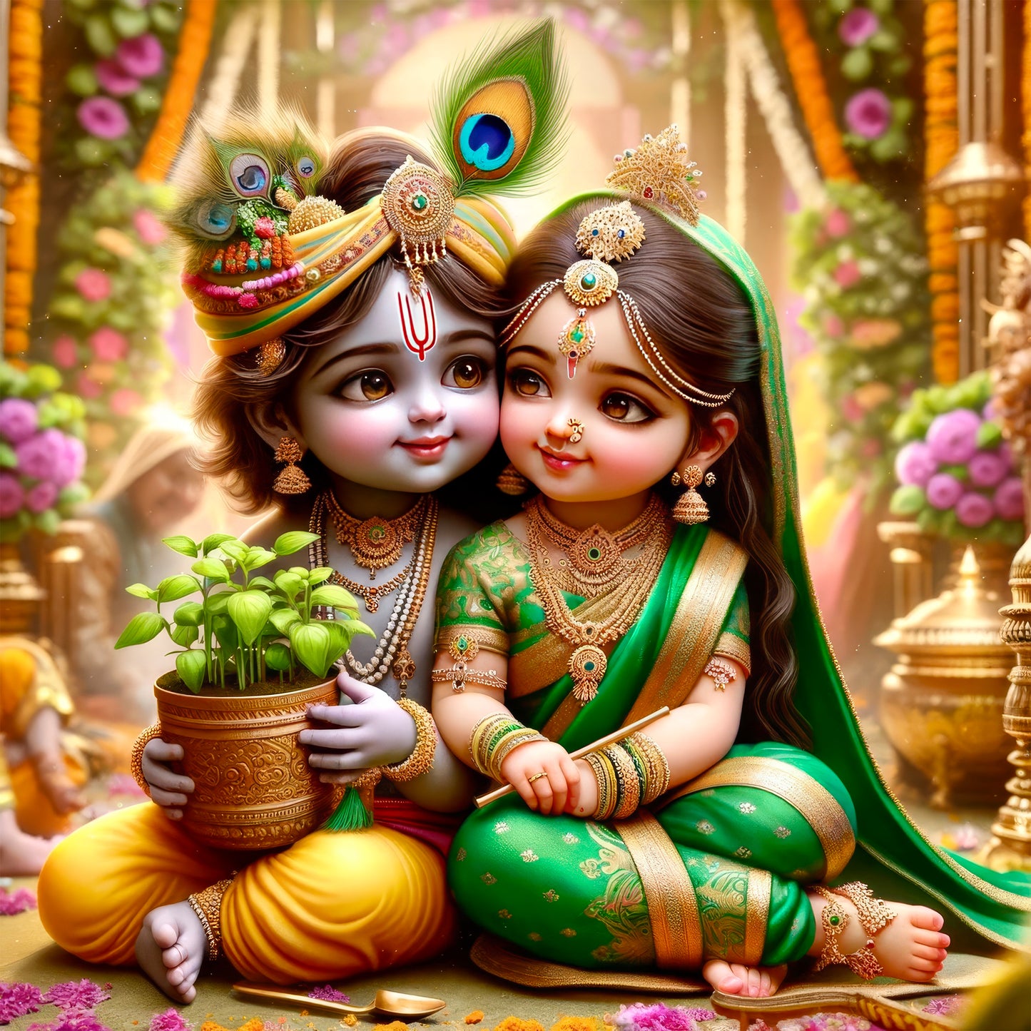90mm x 90mm Glossy Photo Print of Lord Krishna and Tulsi 110043