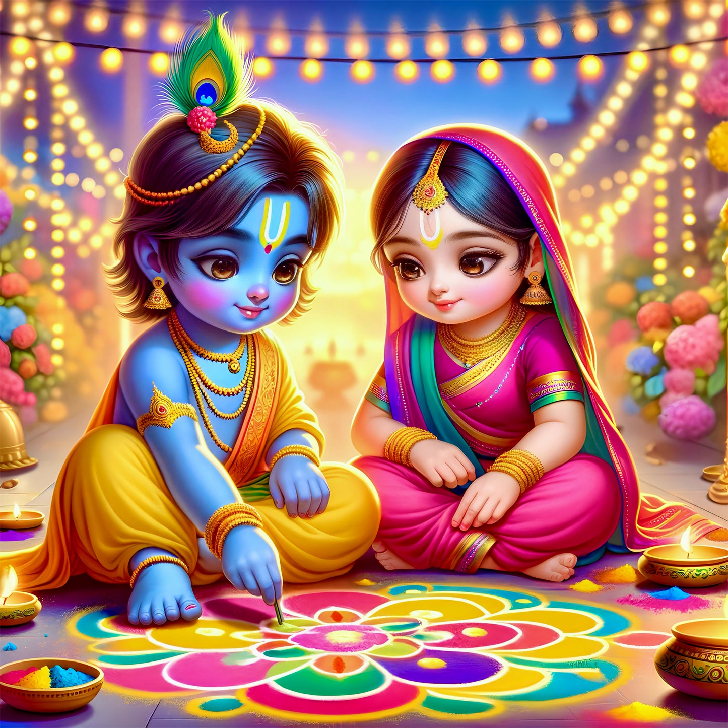 63mm Square Fridge Magnet of Cute Radha Krishna making Rangoli 110051