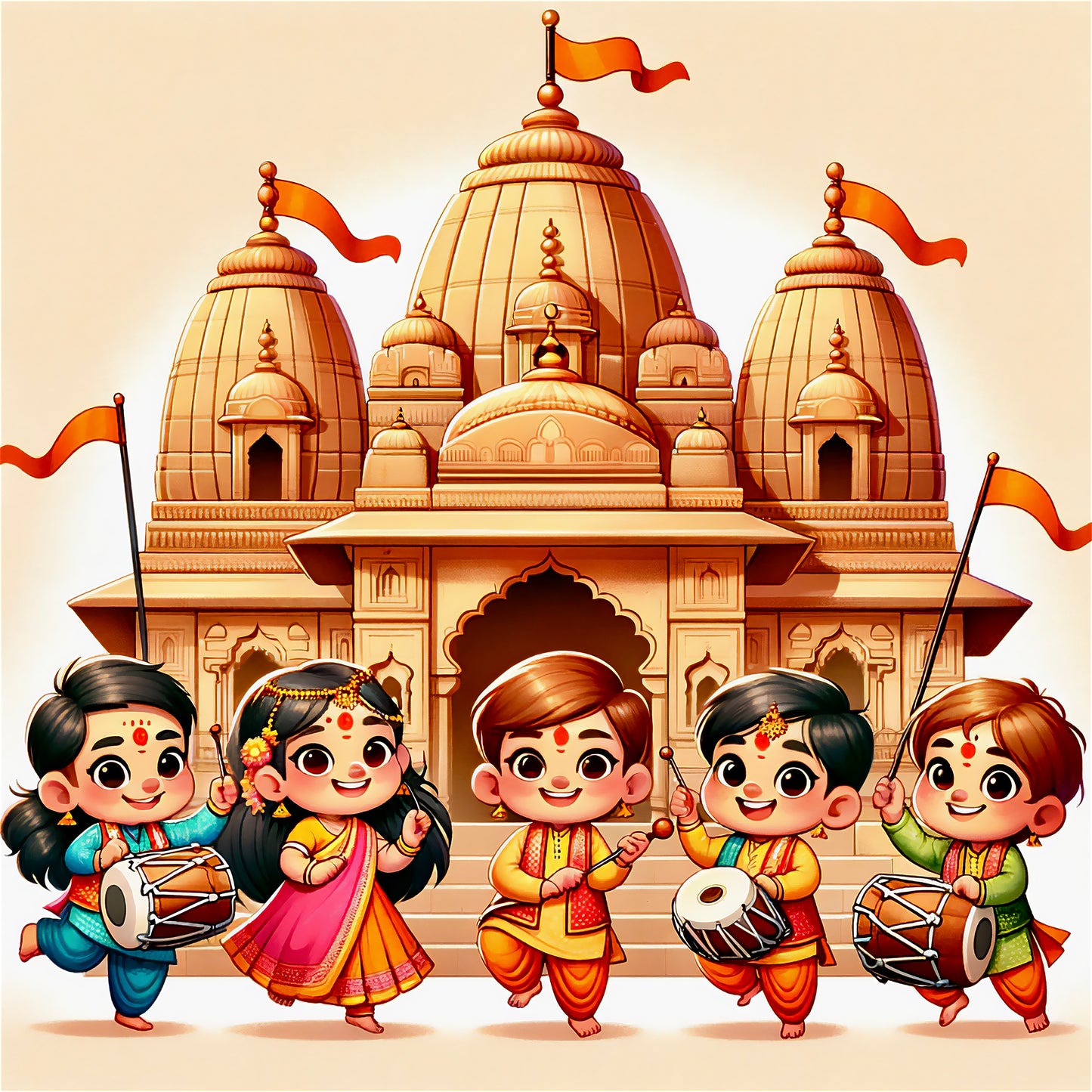 90mm x 90mm Glossy Photo Print of Cute Hindu Kids in Front of Ram Mandir 110037