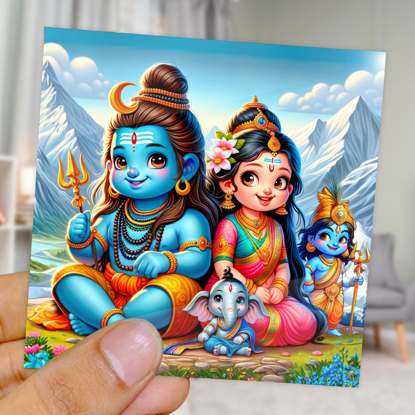 90mm x 90mm Glossy Photo Print of Lord Shiva Parvati Family 110006