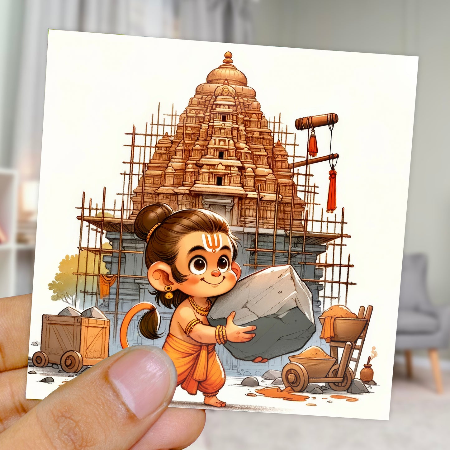90mm x 90mm Glossy Photo Print of Lord Hanuman building Ram Mandir 110014
