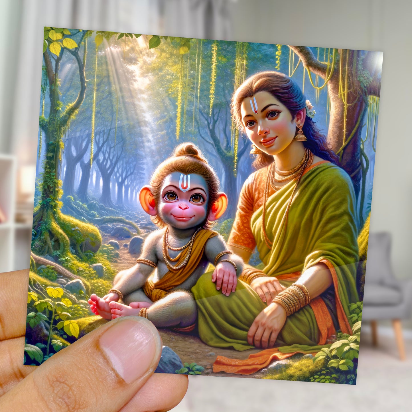 90mm x 90mm Glossy Photo Print of Lord Hanuman with mother Anjani 110017