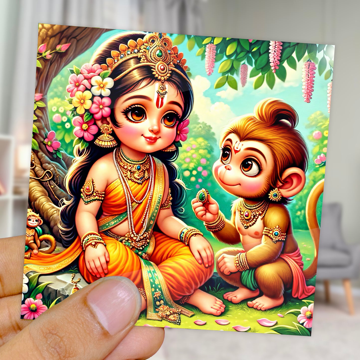 90mm x 90mm Glossy Photo Print of Lord Hanuman and Maa Sita 110032