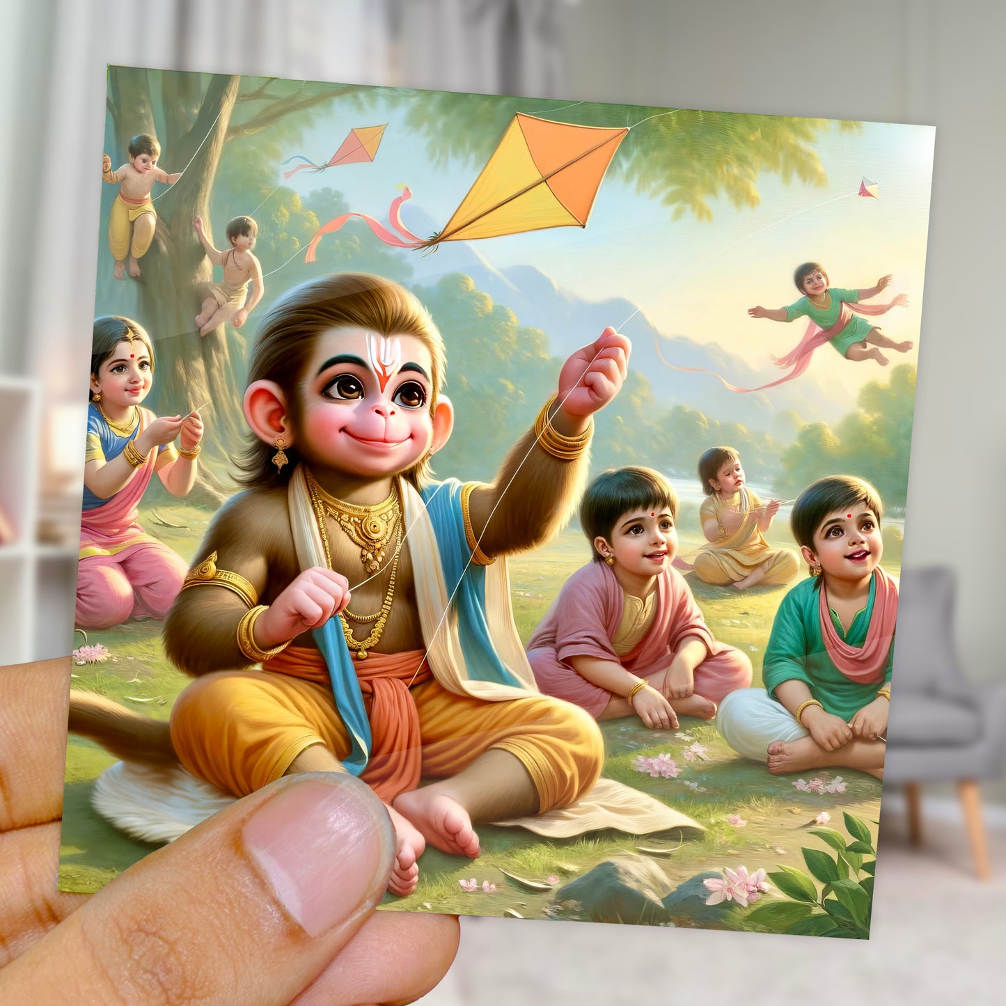 90mm x 90mm Glossy Photo Print of Lord Hanuman flying Kite 110052