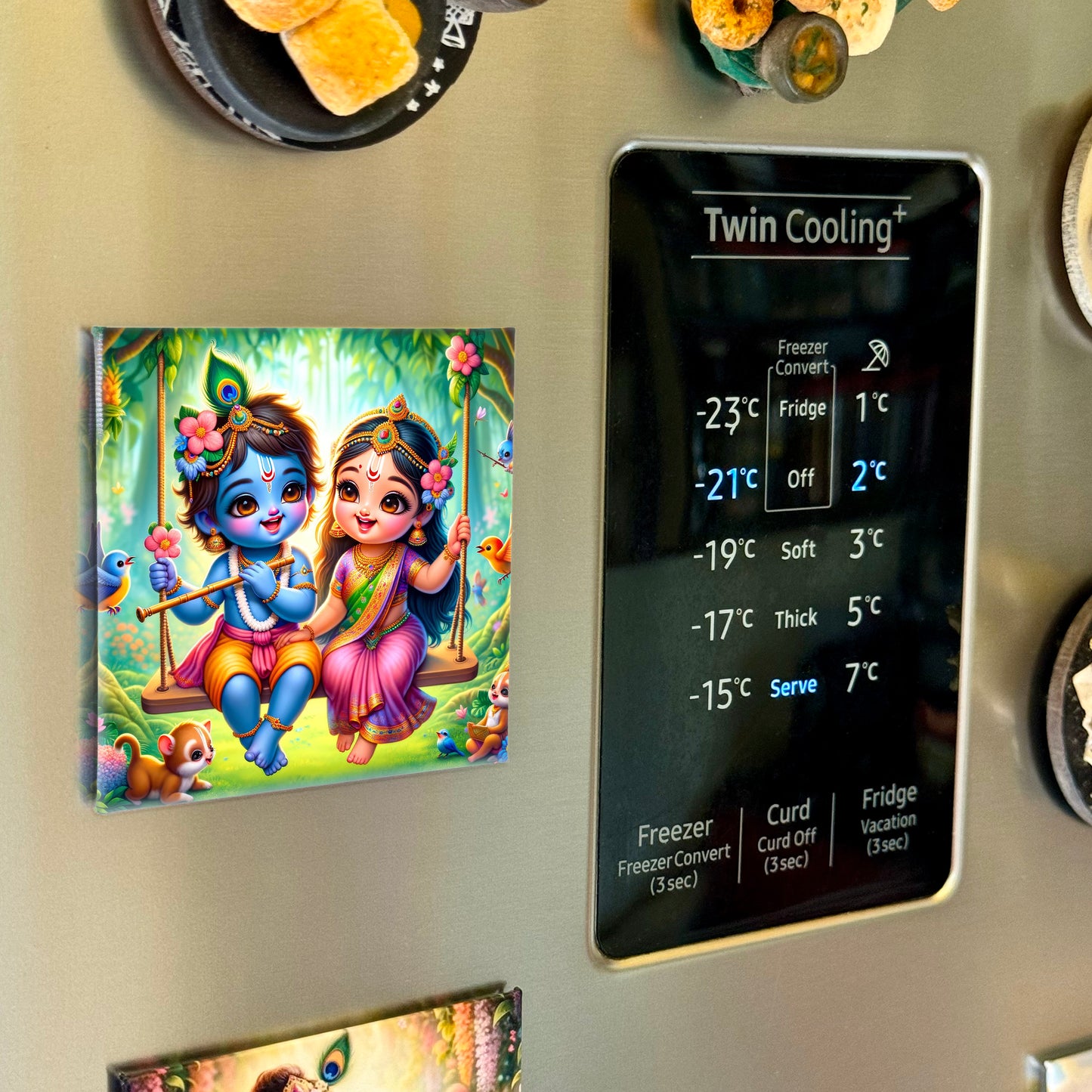 63mm Square Fridge Magnet of Cute Radha Krishna on Swing 110015