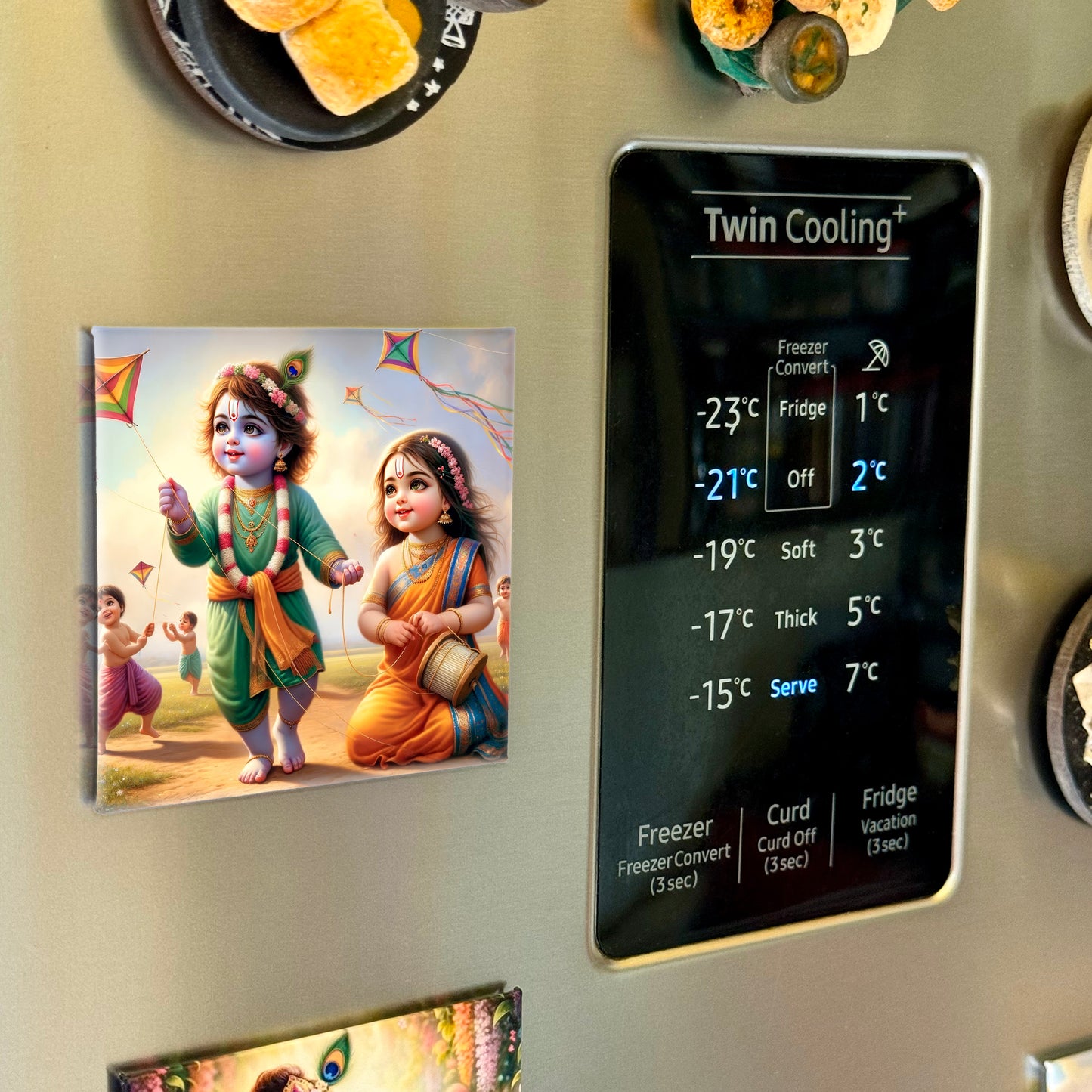 63mm Square Fridge Magnet of Cute Lord Radha Krishna flying Kite 110022