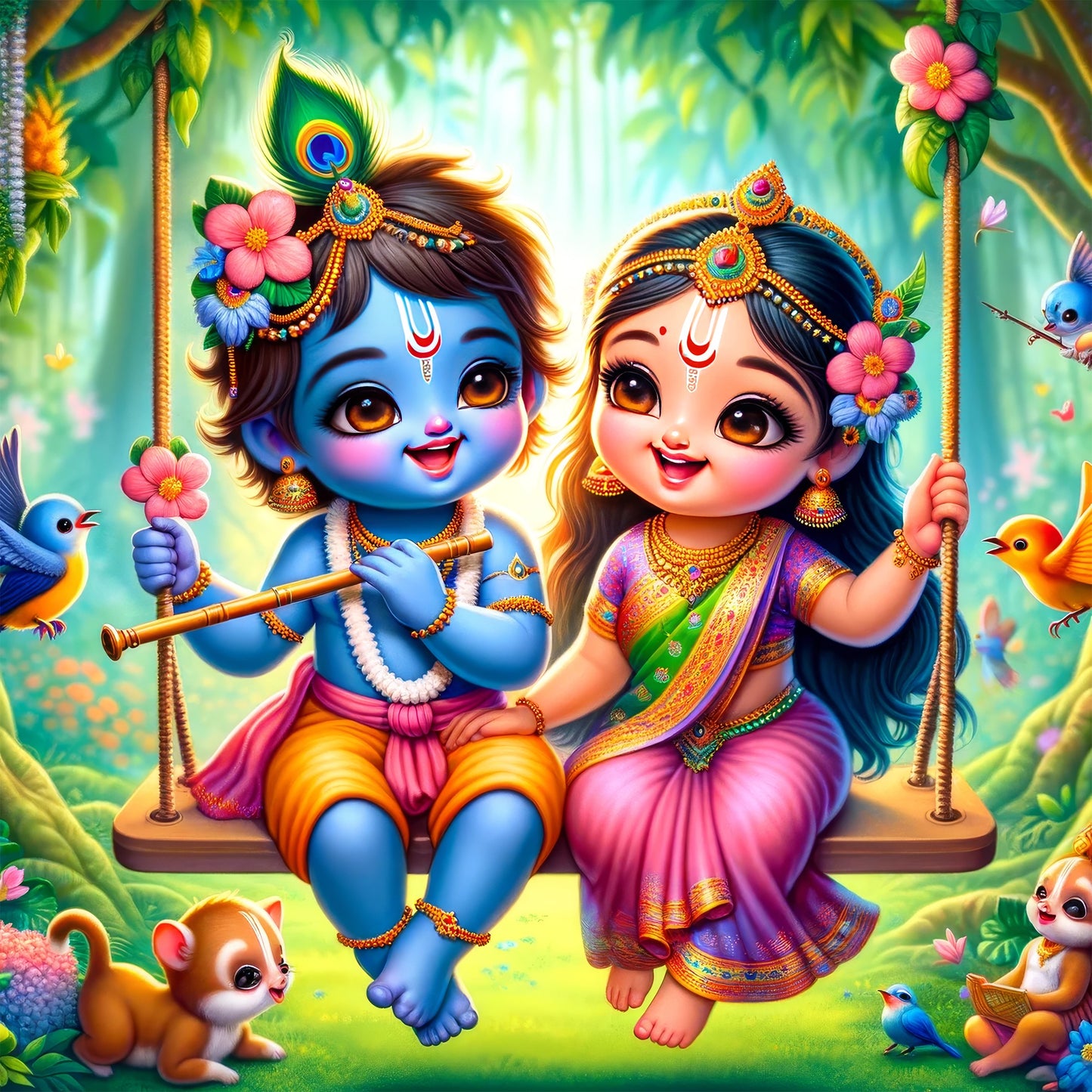 90mm x 90mm Glossy Photo Print of Cute Radha Krishna on Swing 110015