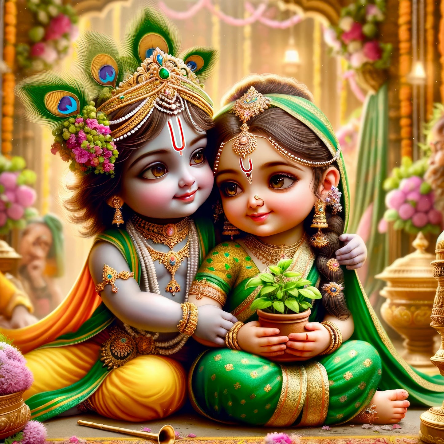 90mm x 90mm Glossy Photo Print of Lord Krishna and Tulsi 110026