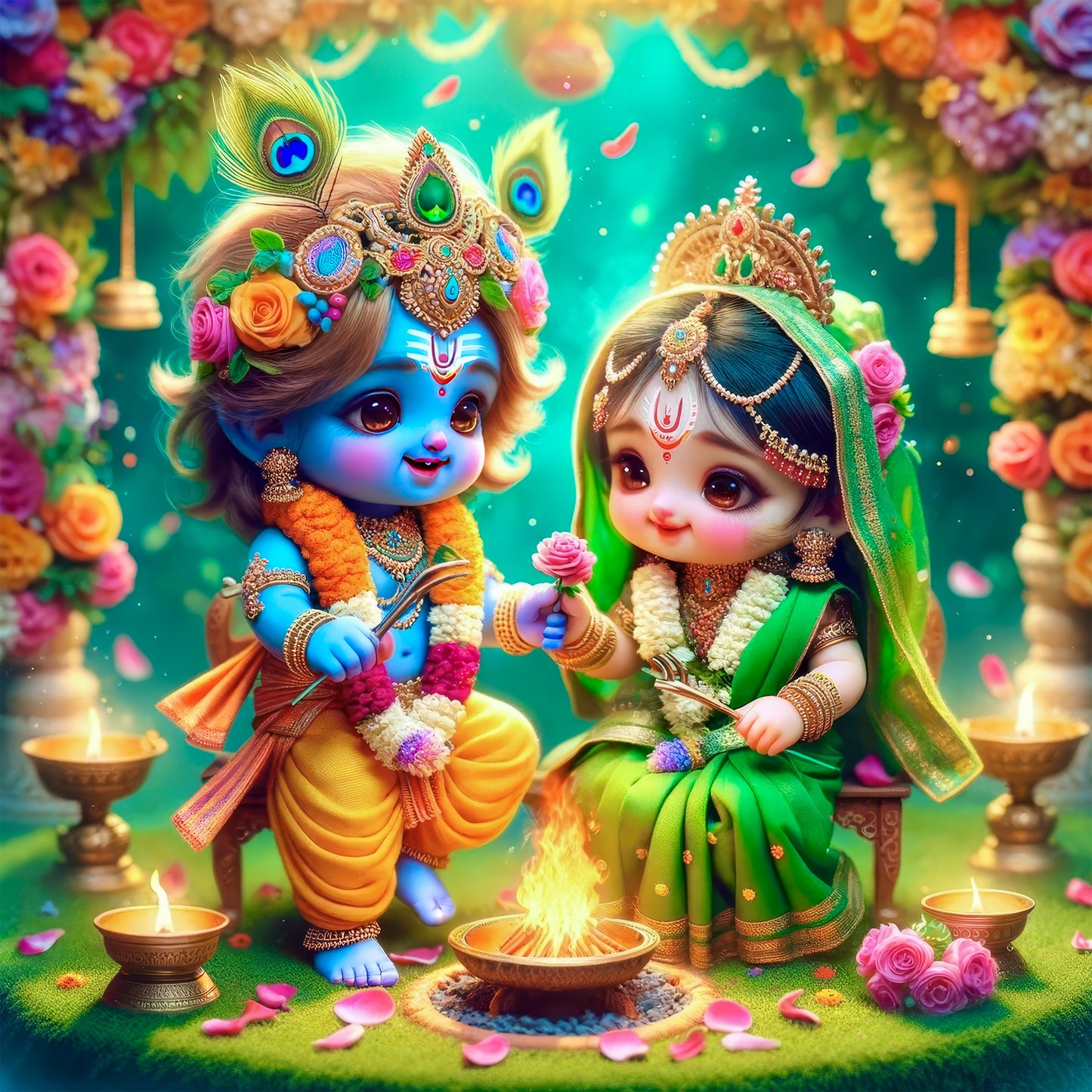 63mm Square Fridge Magnet of Krishna Wedding with Tulsi 110040