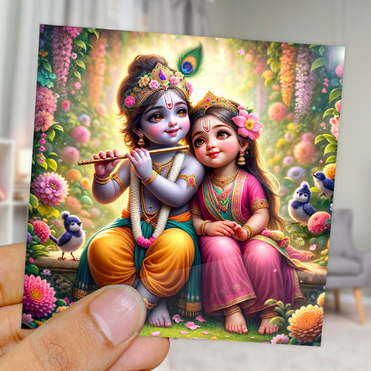 90mm x 90mm Glossy Photo Print of Cute Lord Radha Krishna 110005