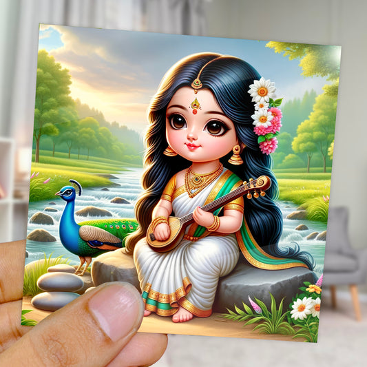 90mm x 90mm Glossy Photo Print of Cute Goddess Saraswati Maa 110007