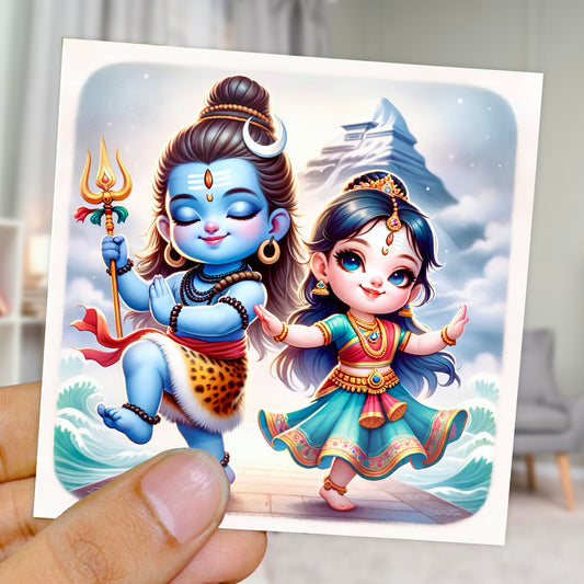 90mm x 90mm Glossy Photo Print of Cute Lord Shiva and Parvati Tandav 110011