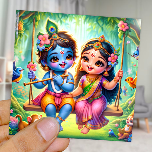 90mm x 90mm Glossy Photo Print of Cute Radha Krishna on Swing 110015