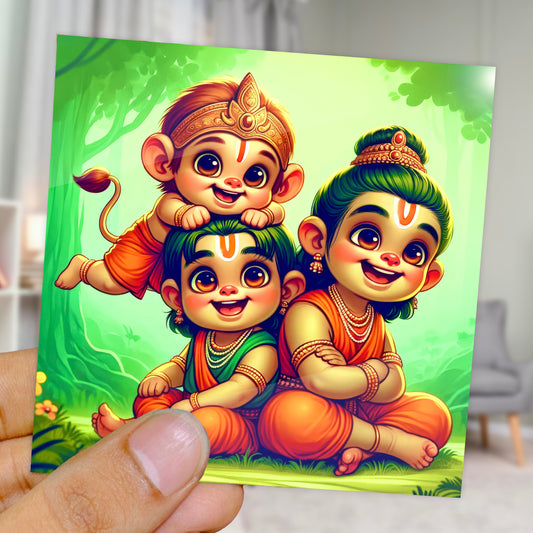 90mm x 90mm Glossy Photo Print of Cute Lord Ram, Laxman & Hanuman 110020