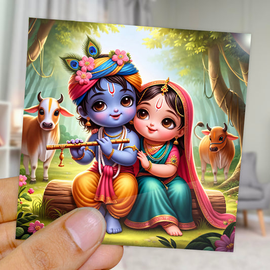 90mm x 90mm Glossy Photo Print of Cute Lord Radha Krishna 110021