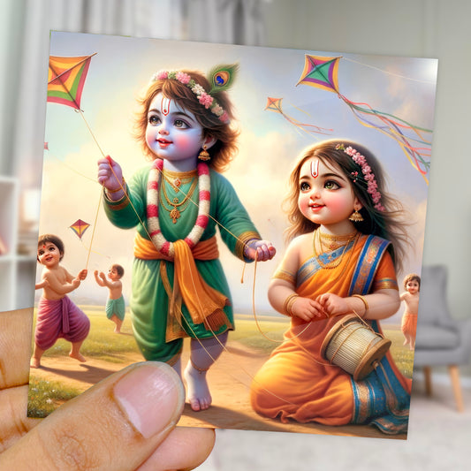 90mm x 90mm Glossy Photo Print of Cute Lord Radha Krishna flying Kite 110022