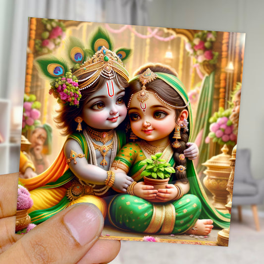 90mm x 90mm Glossy Photo Print of Lord Krishna and Tulsi 110026