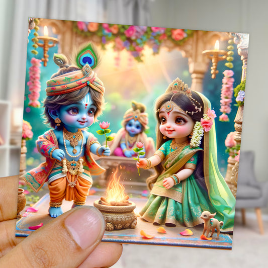 90mm x 90mm Glossy Photo Print of Lord Krishna and Tulsi Vivah 110027