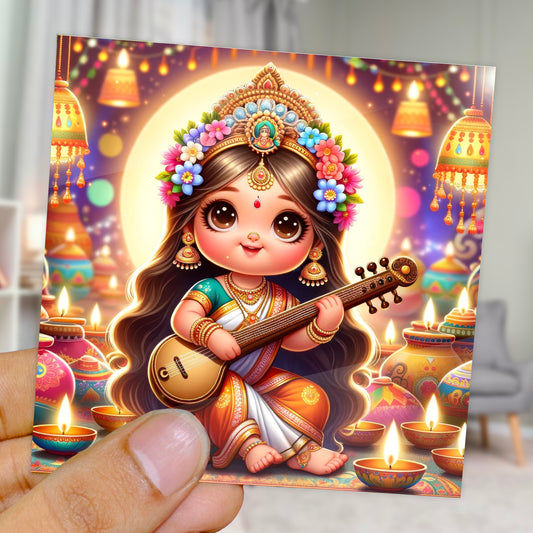 90mm x 90mm Glossy Photo Print of Goddess Saraswati Maa 110028