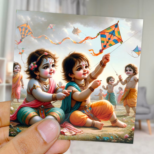 90mm x 90mm Glossy Photo Print of Lord Krishna and Balram flying Kite 110031