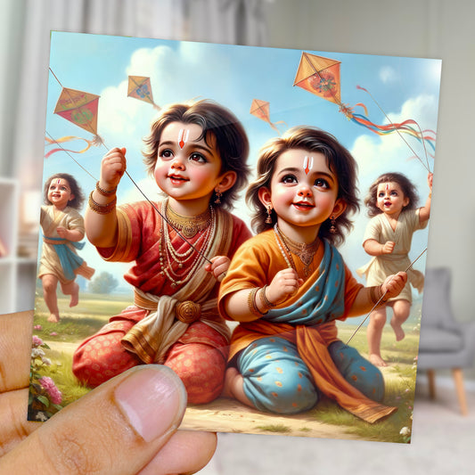 90mm x 90mm Glossy Photo Print of Cute Lord Ram and Laxman flying Kite 110038