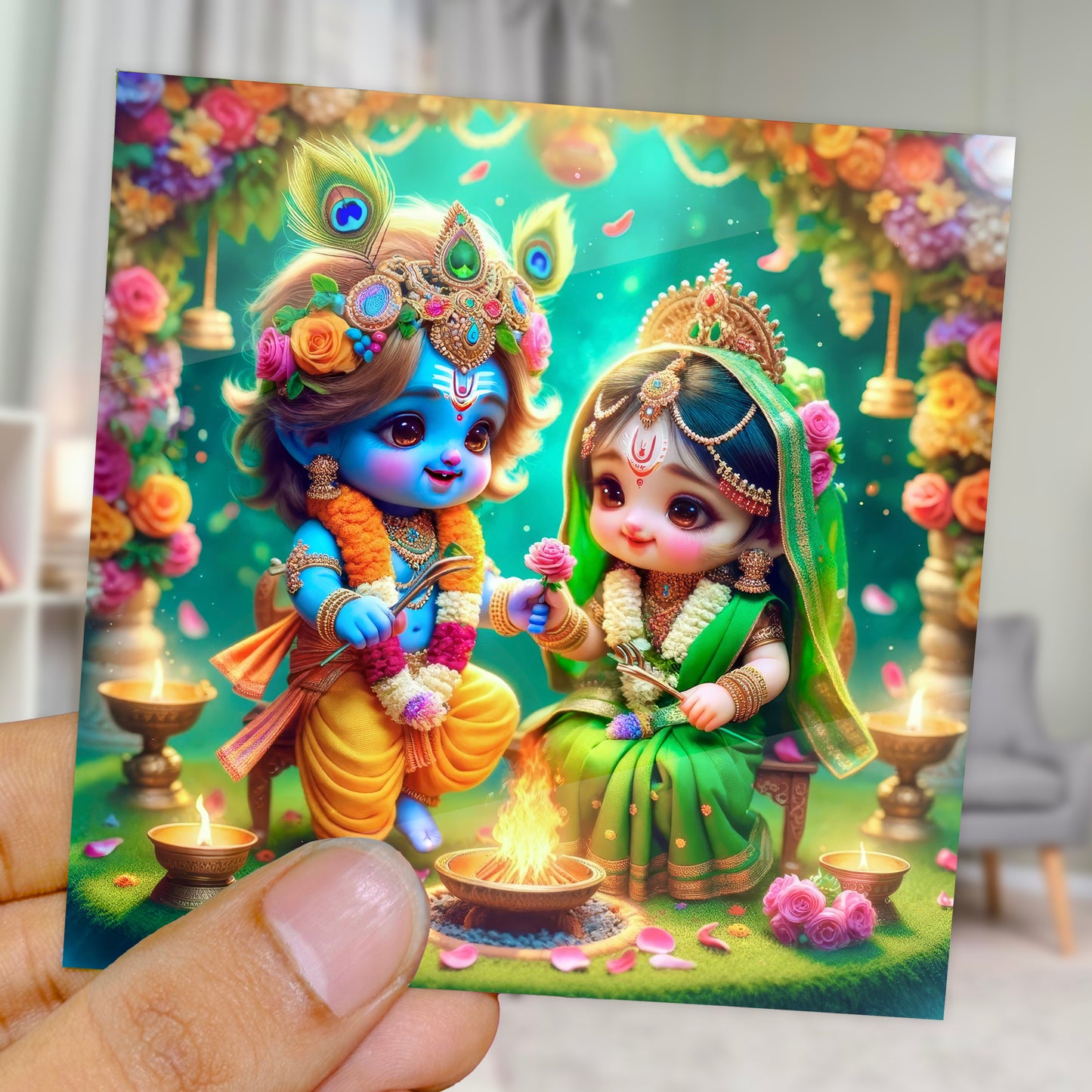 90mm x 90mm Glossy Photo Print of Krishna Wedding with Tulsi 110040