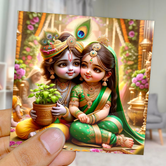 90mm x 90mm Glossy Photo Print of Lord Krishna and Tulsi 110043