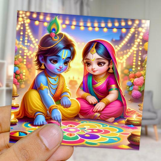 90mm x 90mm Glossy Photo Print of Cute Radha Krishna making Rangoli 110051