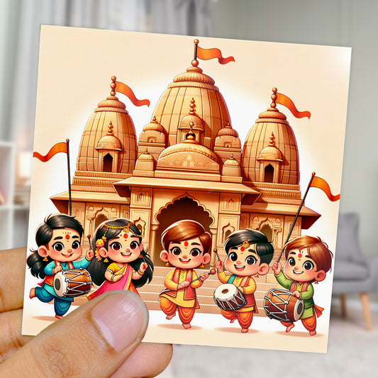 90mm x 90mm Glossy Photo Print of Cute Hindu Kids in Front of Ram Mandir 110037