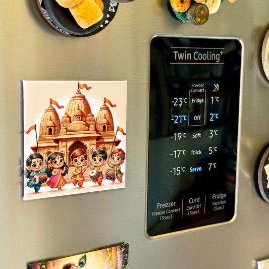 63mm Square Fridge Magnet of Cute Hindu Kids in Front of Ram Mandir 110060